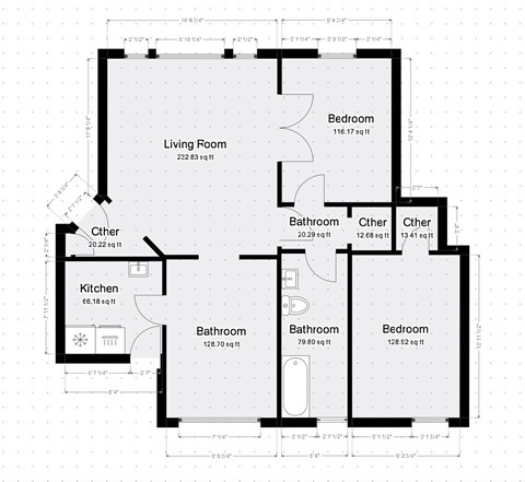 Floor plan for 2 beds, 1 bath, 860 sqft